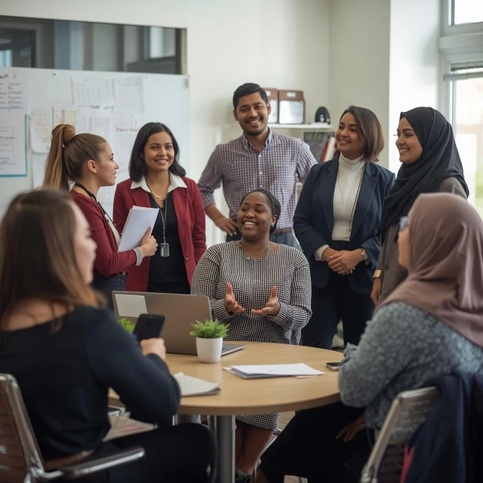 A professional education consultant engaged in a collaborative discussion with a diverse group of male and female teachers, in a school faculty room, sharing instructional insights and strategies.