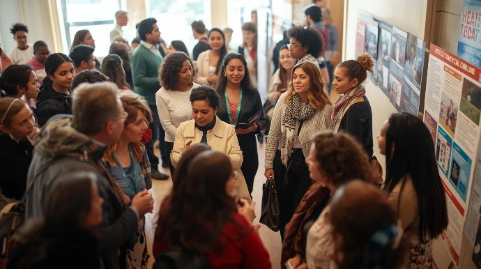 A large, diverse group of educational professionals and agency leaders standing in a spacious hall, actively discussing visual presentations on the walls during a collaborative training session.