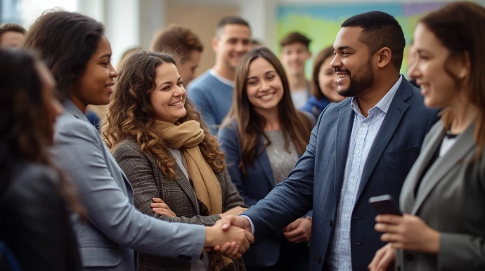 A female consultant and a school leader shaking hands in a professional setting, surrounded by a supportive and smiling team of diverse male and female educators, symbolizing a unified strategic partnership.