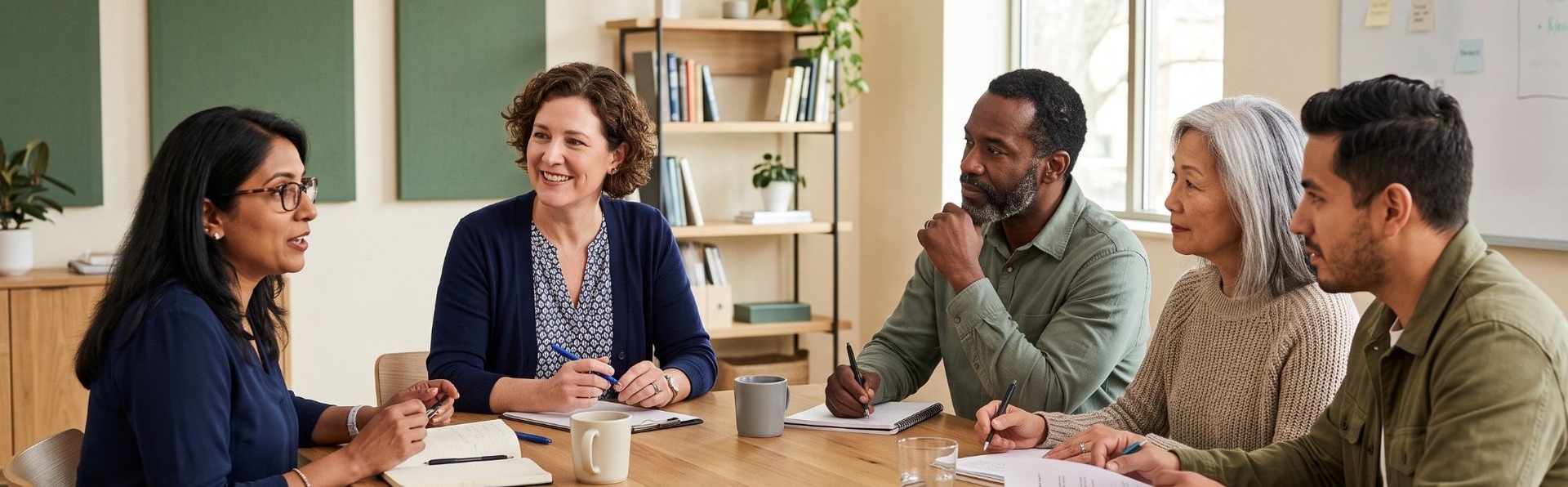Illustrative image of adult educators and program participants collaborating around a table in a learning workshop.